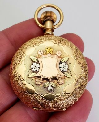 ANTIQUE ELGIN 19TH C.  AMERICAN SOLID TRI - COLOR 14K GOLD HUNTER CASE POCKET WATCH 8