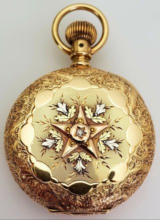 ANTIQUE ELGIN 19TH C.  AMERICAN SOLID TRI - COLOR 14K GOLD HUNTER CASE POCKET WATCH 9