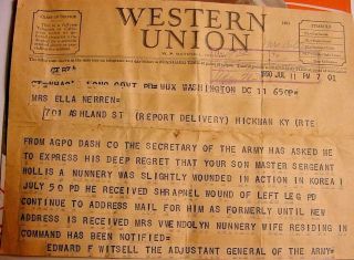 1950 Korean War Telegram - Wia - Nunnery - Hickman Kentucky - Ella Nerren