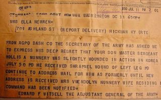 1950 Korean War Telegram - WIA - Nunnery - Hickman Kentucky - Ella Nerren 2