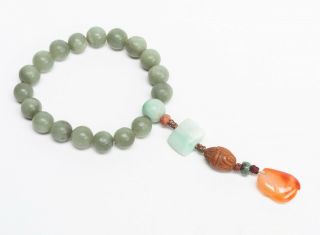 Chinese Antique Celadon Jade Prayer Beads,  1890 - 1930