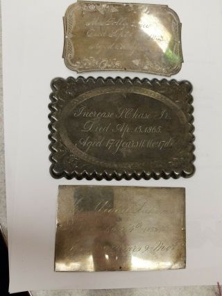 3 Antique Casket Plaques Funeral 1853 And 1865
