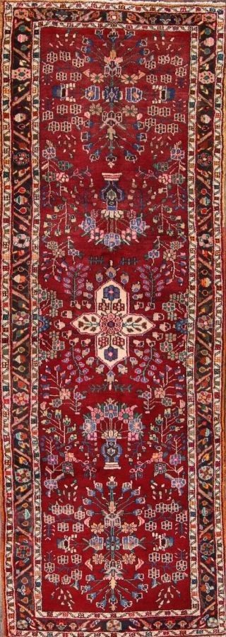 Vintage 11 Ft Floral Persian Runner Hand - Knotted Red Traditional 10 