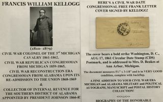 Civil War Colonel 3rd Michigan Cavalry Congressman Signed Frank Letter Cove