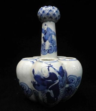 Rare Old Chinese Blue White Five Tubes Lotus Porcelain Vase " Kangxi " Mark
