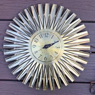 Vintage Mcm Ge Telechron Atomic Starburst Gold Tone Electric Wall Clock 16 " 2h63