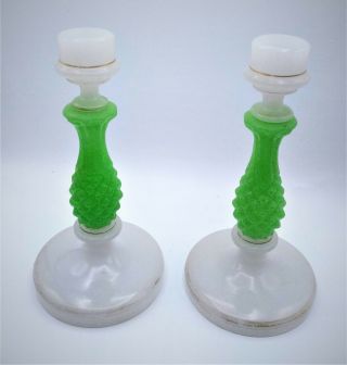 Antique White And Green Molded Clambroth Sandwich Glass Candlesticks