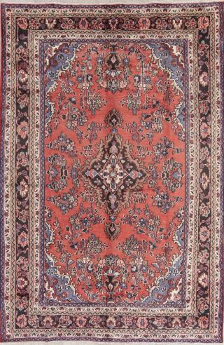 Vintage Coral Traditional Floral Hamedan Persian Oriental Hand - Knotted 7x10 Rug