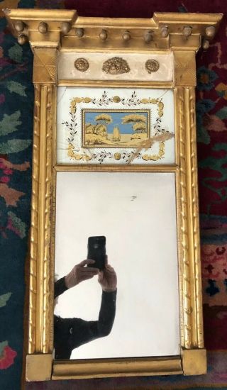 Colonial Early American Carved & Gilt Wood Eglomise Mirror 34” X 21”