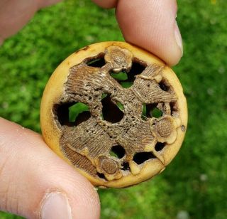 ANTIQUE JAPANESE NETSUKE RYUSA MANJU CARVED STAG ANTLER EDO OR MEIJI PERIOD 6