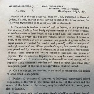 1864 CIVIL WAR General Orders Defining UNION ARMY RATIONS Soldier Military Food 2