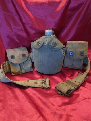 Ww 1 Canteen W/cover,  Belt And 2 M1911 Clip Pouchs Dated 1918 B.  A.  Co.