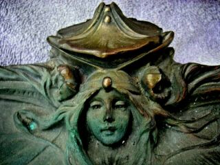 Bronze Art Nouveau Figural Ink Well Ladies Face Ornate Patina Antique