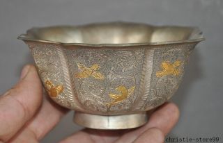 Old Chinese Dynasty Palace Silver Gilt Flower Pattern Bird Statue Tea Cup Bowl