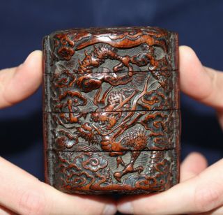 Antique Japanese Edo Period Carved Boxwood Inro Of Dragons,  18th Century