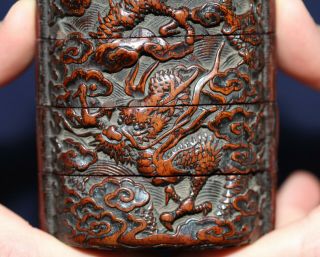 antique Japanese Edo period carved boxwood inro of Dragons,  18th century 2