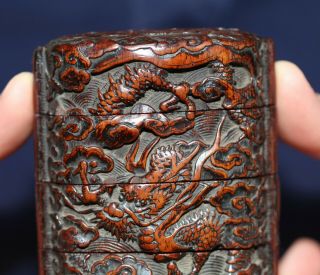 antique Japanese Edo period carved boxwood inro of Dragons,  18th century 3