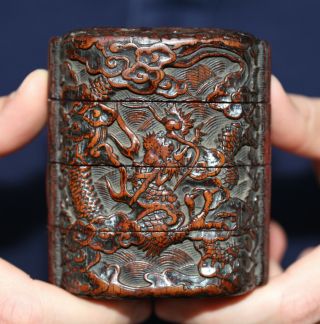 antique Japanese Edo period carved boxwood inro of Dragons,  18th century 4