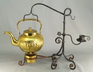 Antique Arts And Crafts Brass Tea Kettle Teapot On Wrought Iron Stand W Candle