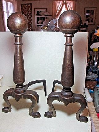True Vintage Andirons Cannon Ball Top Foundry Mark 17 Inches Tall