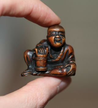 Antique Japanese Carved Boxwood Netsuke Of A Drunk Yakuza,  19th Century,  Unusual