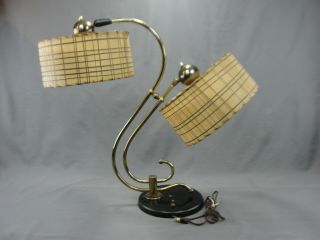 Vintage Mcm Table Lamp Two Fiberglass Shades Brass Mid Century Modern