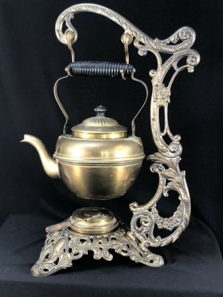 Antique Brass 1694 Bradley & Hubbard B&h Teapot Kettle Oil Burner Warmer C1892