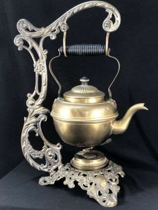 Antique Brass 1694 Bradley & Hubbard B&H Teapot Kettle Oil Burner Warmer c1892 3