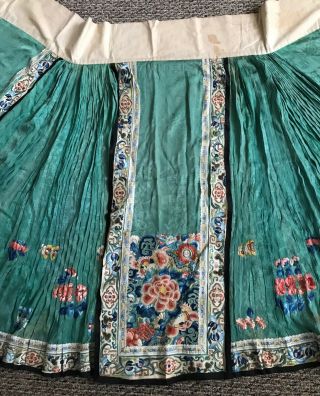 Antique Chinese Silk Embroidered Wedding Skirt Turquoise Butterflies Flowers 7