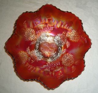 Antique Fenton Chrysanthemum Red Carnival Glass Ruffled Collar Base 9 " Bowl