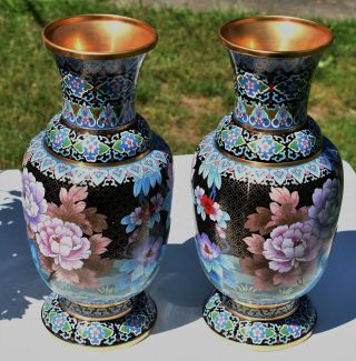 Large Chinese Cloisonne Floral Flower Vases 15 " Tall