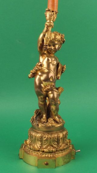Antique 19th Century Gilt Bronze Statue Of A Putty Child With Torch Stair Lamp