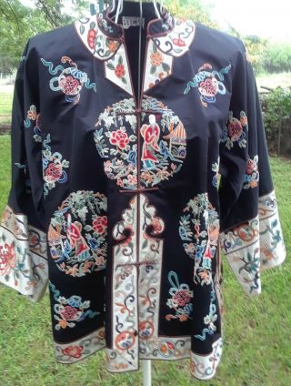 Asian Embroidered Woman Silk Kimono Robe Jacket Size M - L