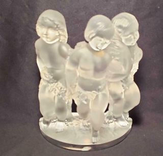 Antq Lalique Cherub Children Figurine - Art Glass - Luxembourg - France - 8in - Orig Label