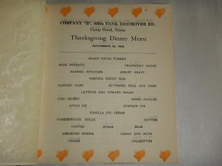 WWII 899th Tank Destroyer Battalion Co.  B 1942 Thanksgiving Menu Roster Texas 3