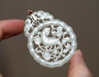 Antique Chinese Carved White Jade Parrot Pendant,  Gold Set,  Qing,  18th Century.