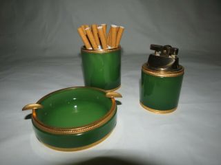 Vintage Art Deco 3 Piece Cigarette Smoking Set Green Glass W/ Gold Trim - Japan