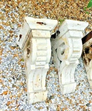 Pair Antique Wood Architectural Salvage Corbels Chipped White Paint