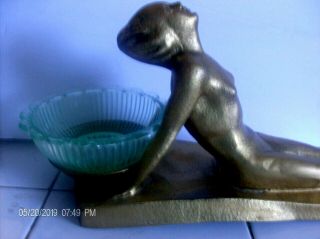 1930 ' NUDE BATHING BEAUTY LADY art deco SPELTER GOLD LEAF & GREEN VASELINE BOWL 2
