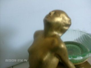 1930 ' NUDE BATHING BEAUTY LADY art deco SPELTER GOLD LEAF & GREEN VASELINE BOWL 5