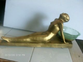 1930 ' NUDE BATHING BEAUTY LADY art deco SPELTER GOLD LEAF & GREEN VASELINE BOWL 9