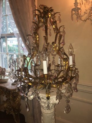 Antique Vintage Italian Tole Pale Pink Murano Drops Crystal Beaded Chandelier 3