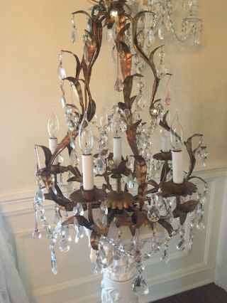Antique Vintage Italian Tole Pale Pink Murano Drops Crystal Beaded Chandelier 6