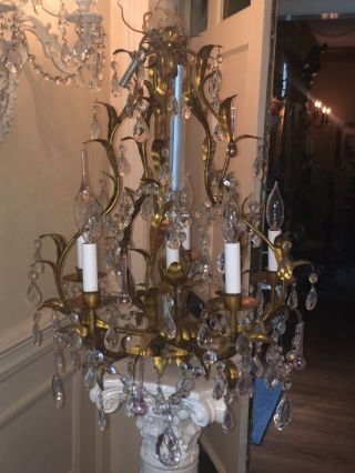 Antique Vintage Italian Tole Pale Pink Murano Drops Crystal Beaded Chandelier 8