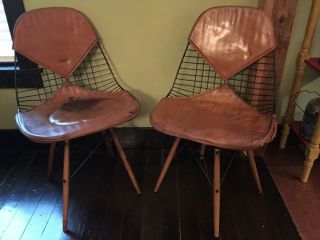 2 Vhtf Herman Miller Eames Pkw2 Swivel Dowel Wire Chair W/ Leather Bikini Cover
