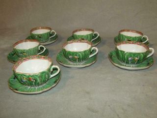 7 Assorted Antique Chinese Export Cabbage Leaf & Butterfly Cups & Saucers