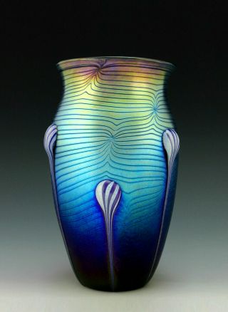 Glamorous Bohemian Art Deco Jugendstil Iridescent Glass 8 1/4  Tall Vase