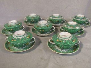 Set 8 Antique Chinese Export Cabbage Leaf & Butterfly Covered Soup Cups & Saucer