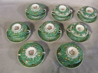 SET 8 ANTIQUE CHINESE EXPORT CABBAGE LEAF & BUTTERFLY COVERED SOUP CUPS & SAUCER 2