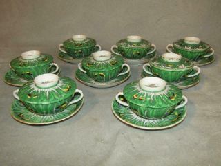 SET 8 ANTIQUE CHINESE EXPORT CABBAGE LEAF & BUTTERFLY COVERED SOUP CUPS & SAUCER 6